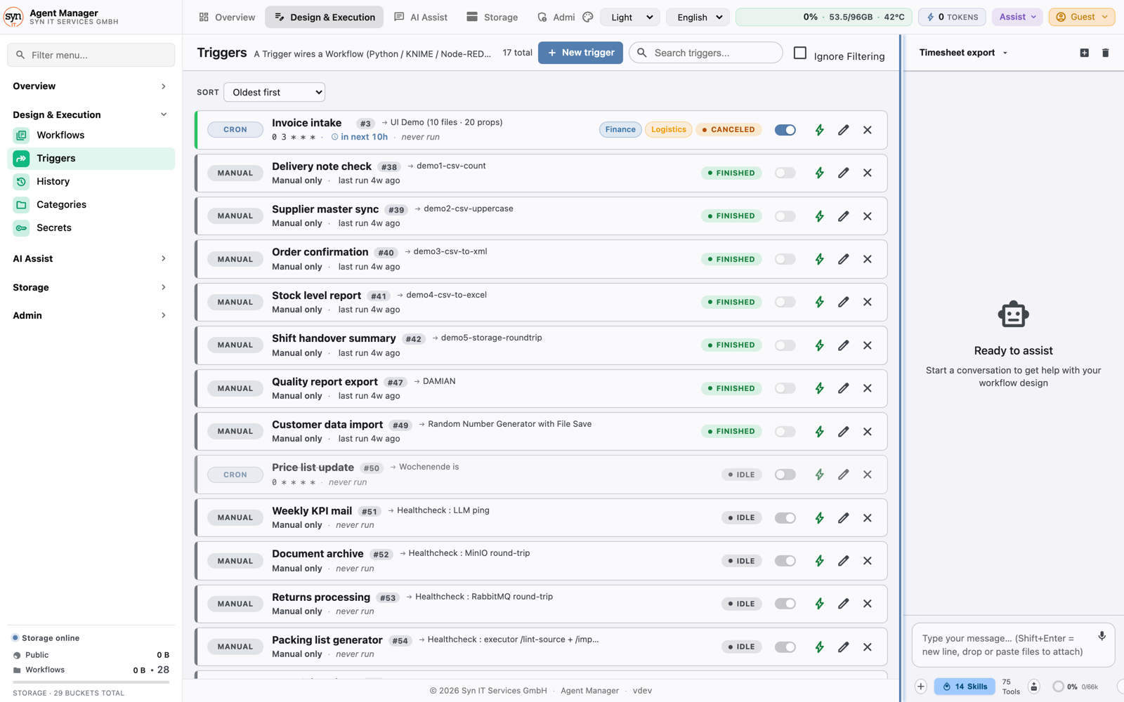 Agent Manager triggers list showing scheduled and manual triggers with next run time and enable switches