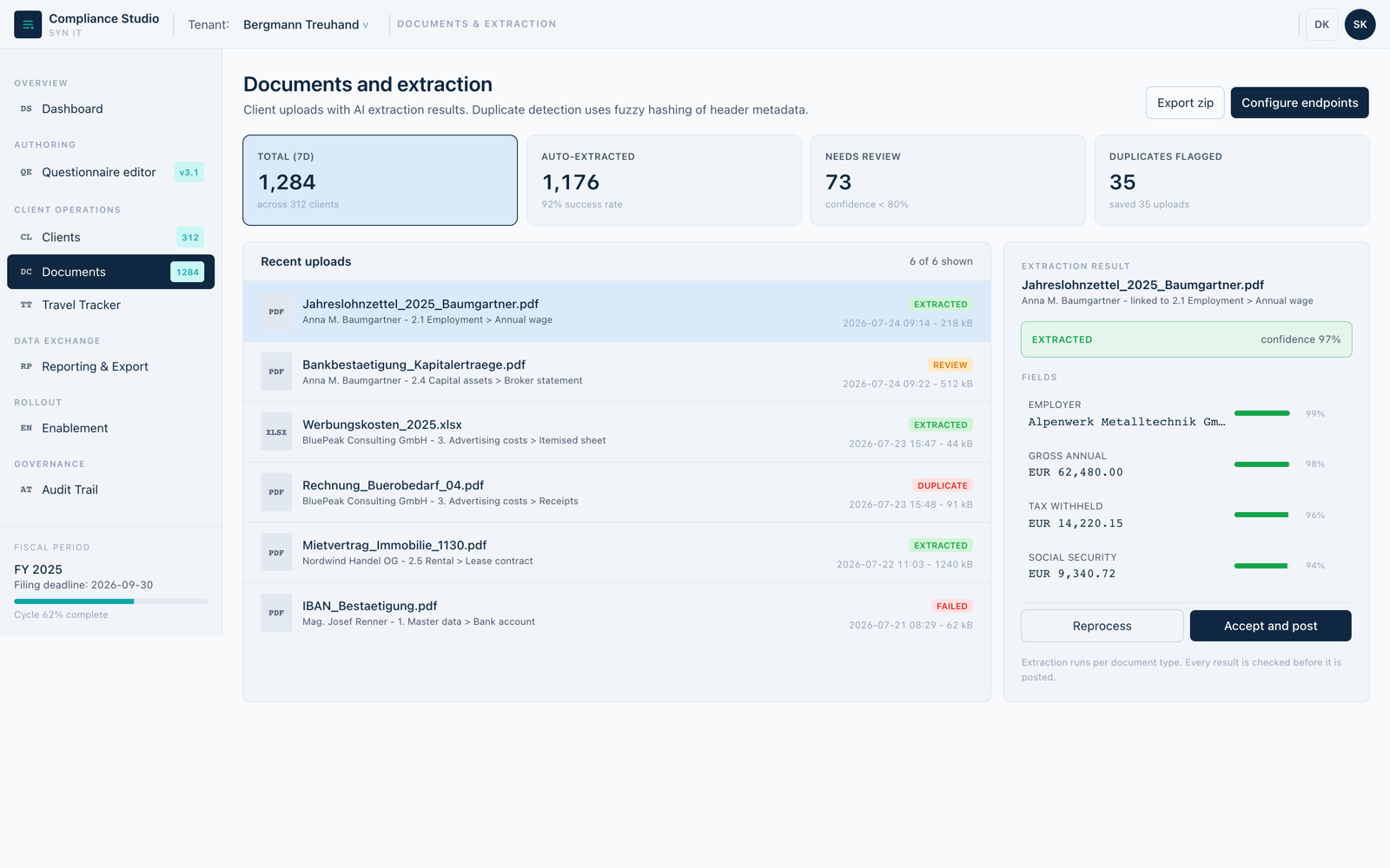 The document screen: recent client uploads with their status, and beside them the values read out of the selected document with a confidence figure per field.