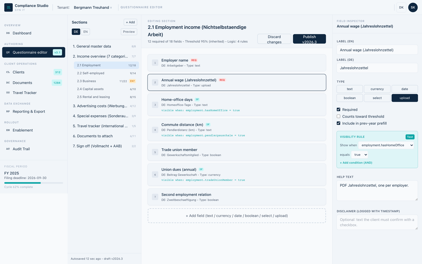 The questionnaire editor: sections on the left, the fields of the open section in the middle with their visibility rules, and an inspector on the right for the selected field with its label in each language.